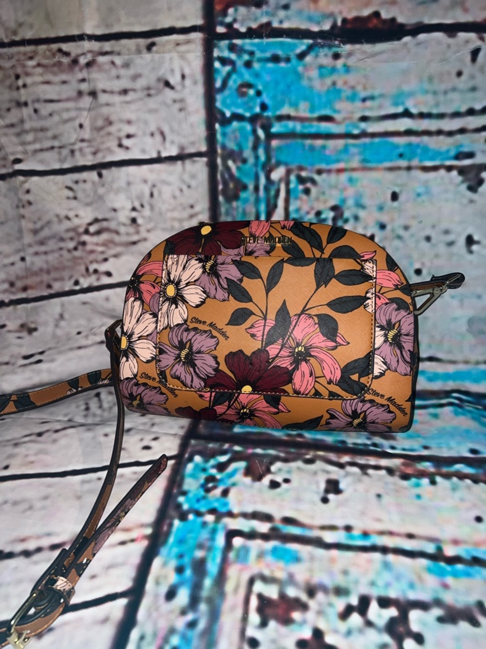 ESTEVEN MADDEN Floral Crossbody Bag in Tan with Pink & Purple Flowers